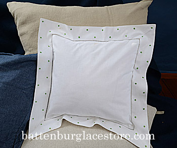 Hemstitch Baby Pillow Sham Mint Green polka dots, 12"x12"